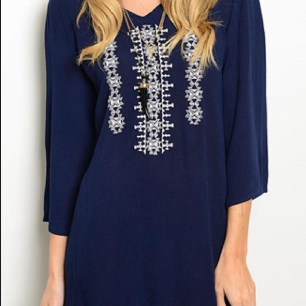 Ya LA Navy Boho Embroidered Tunic / Mini Dress L